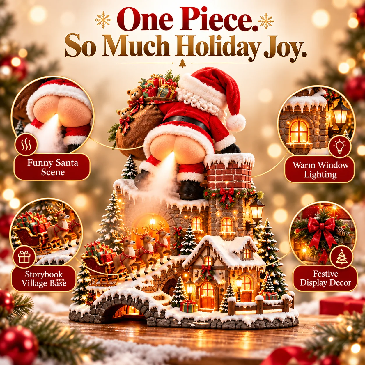 Key details of the funny Santa, warm lighted windows and Christmas scenery
