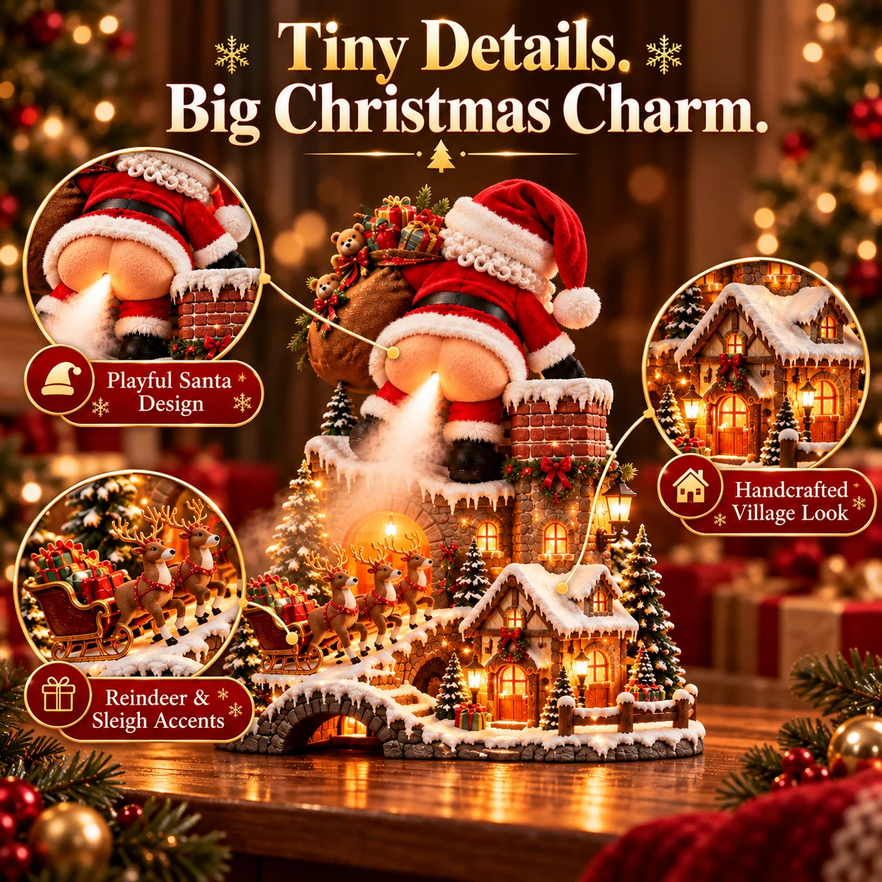 Close-up details of reindeer sleigh, snow covered cottage and Santa decorations