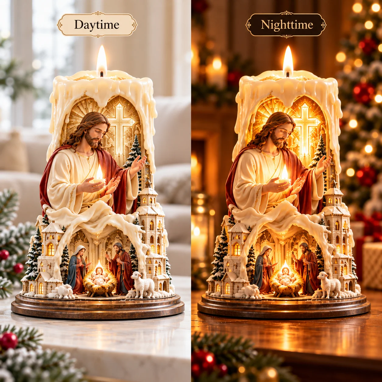 Jesus candle daytime and nighttime comparison