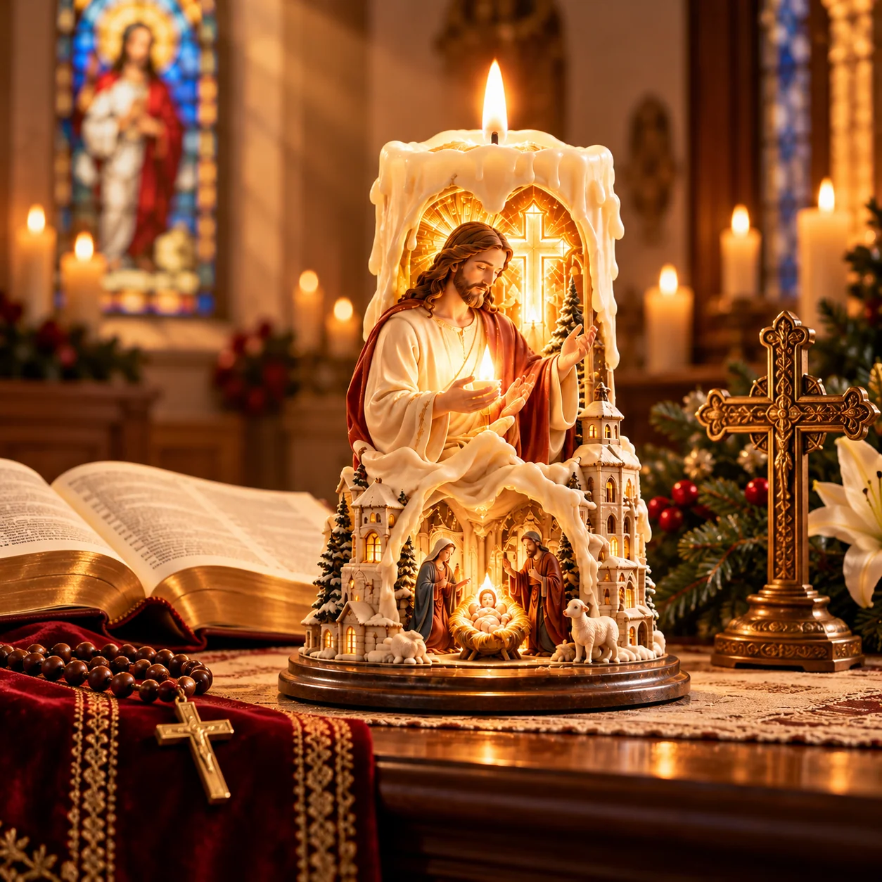 Jesus religious candle beside Bible and cross
