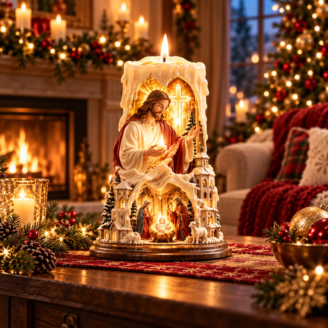Jesus faith candle displayed in a Christmas living room