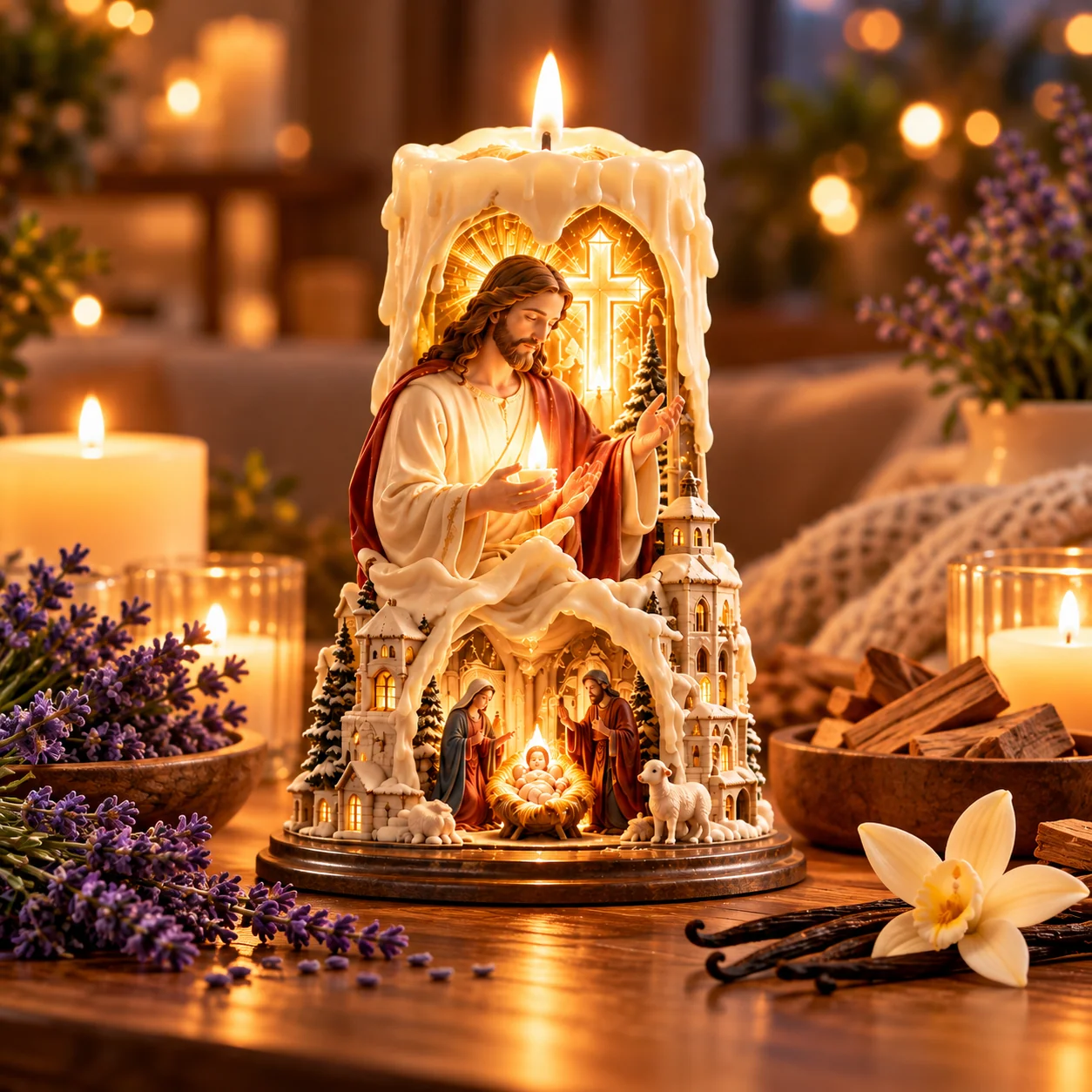Jesus faith candle with flowers and peaceful home setting