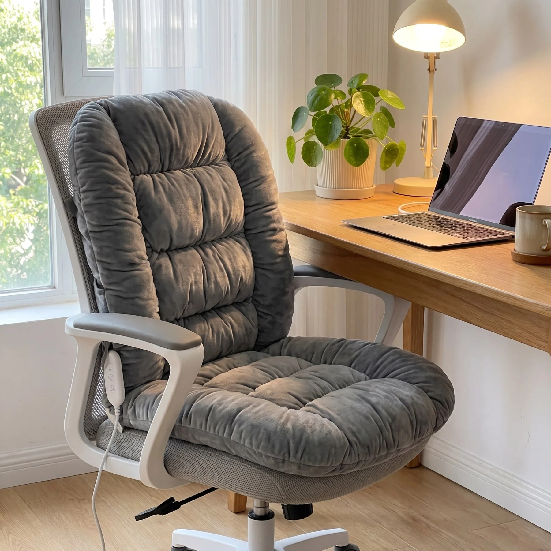 Plush gray heated cushion fitted to an office chair beside a sunny desk