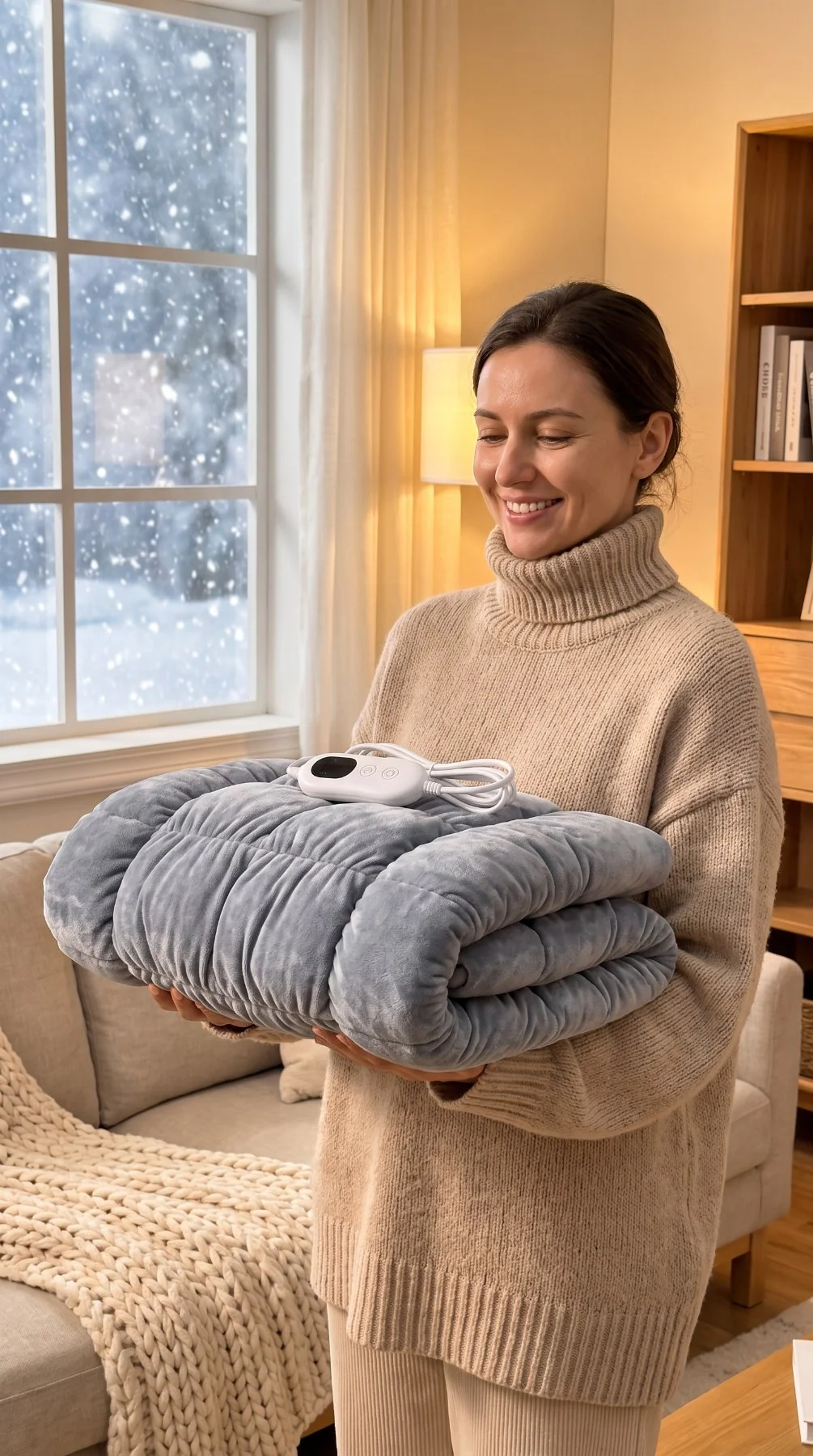 Woman holding a folded plush heated cushion beside a winter window