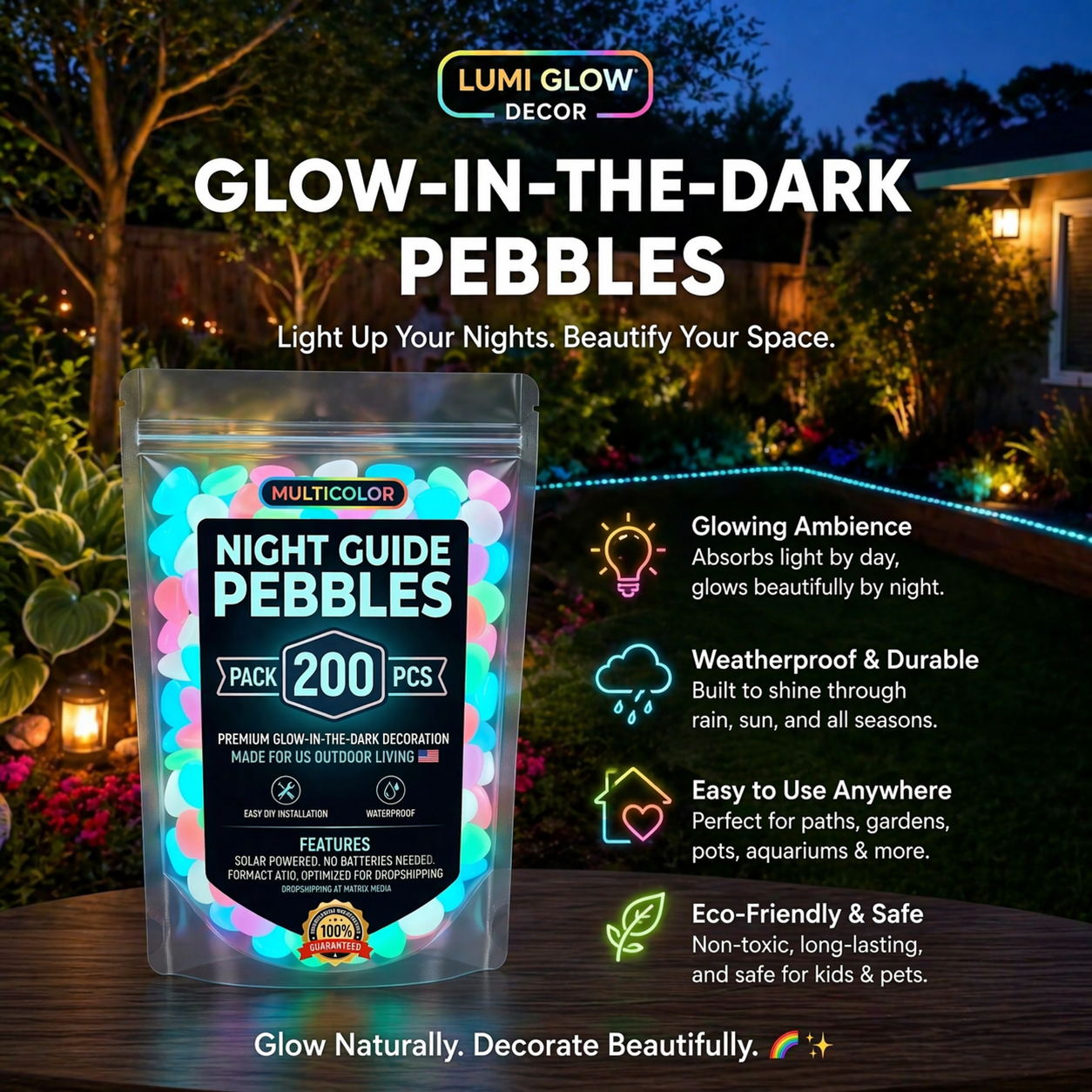 Colorful glow-in-the-dark decorative garden stones