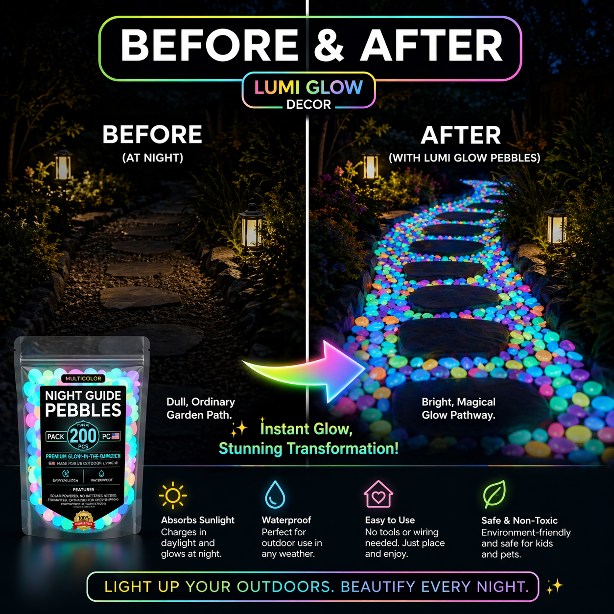Multicolor glow-in-the-dark garden stones