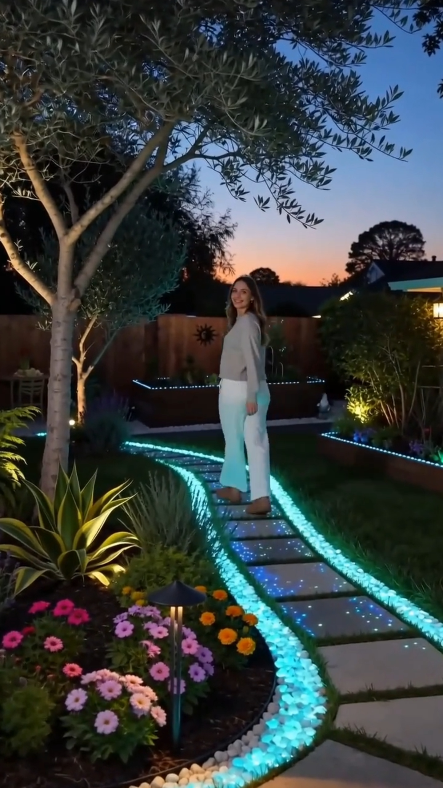 Colorful luminous stones in a garden setting