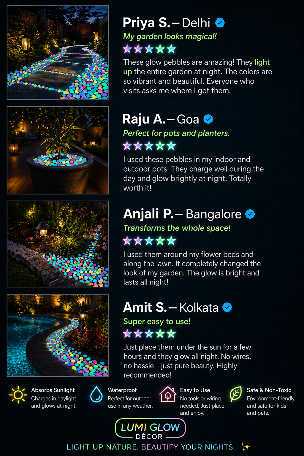 Glow-in-the-dark garden stone product display