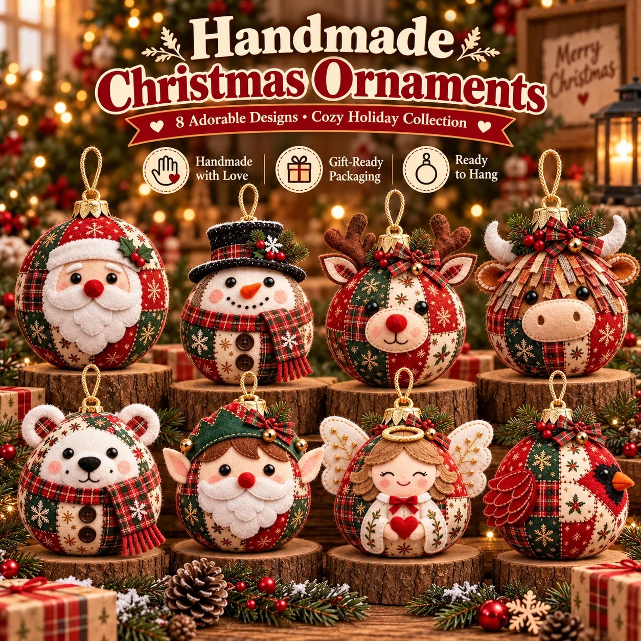 Main collection image showing the eight finished patchwork Christmas ornament designs