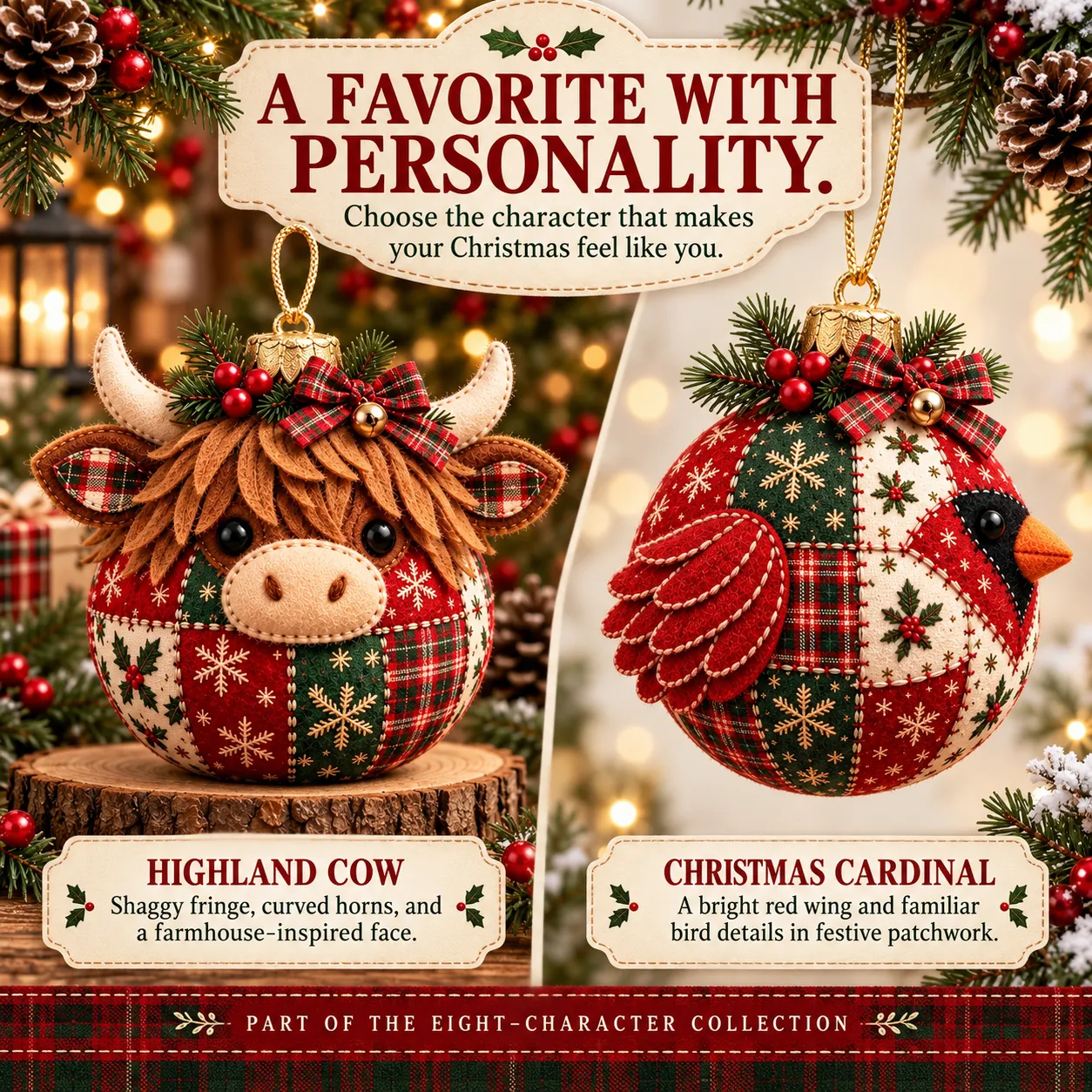 Close views of the finished Highland Cow and Christmas Cardinal character designs