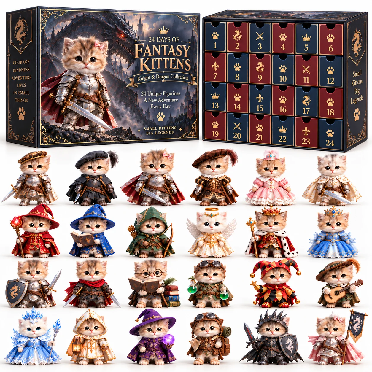Complete collection of 24 fantasy kitten figurines with their Advent Calendar box
