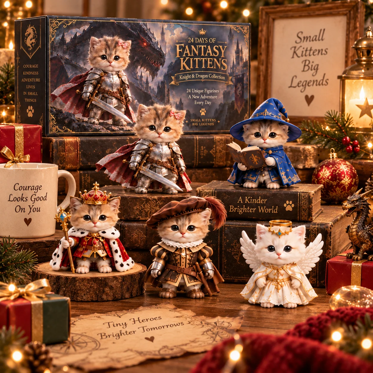 Fantasy Kittens Advent Calendar with collectible kitten characters in a Christmas display