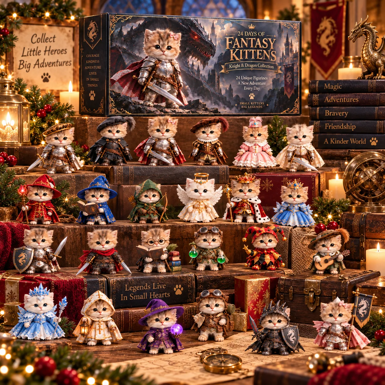 Fantasy kitten figurines displayed together in a festive collectible scene