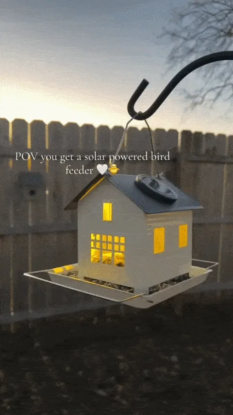Solar powered hanging bird feeder with decorative nighttime lighting