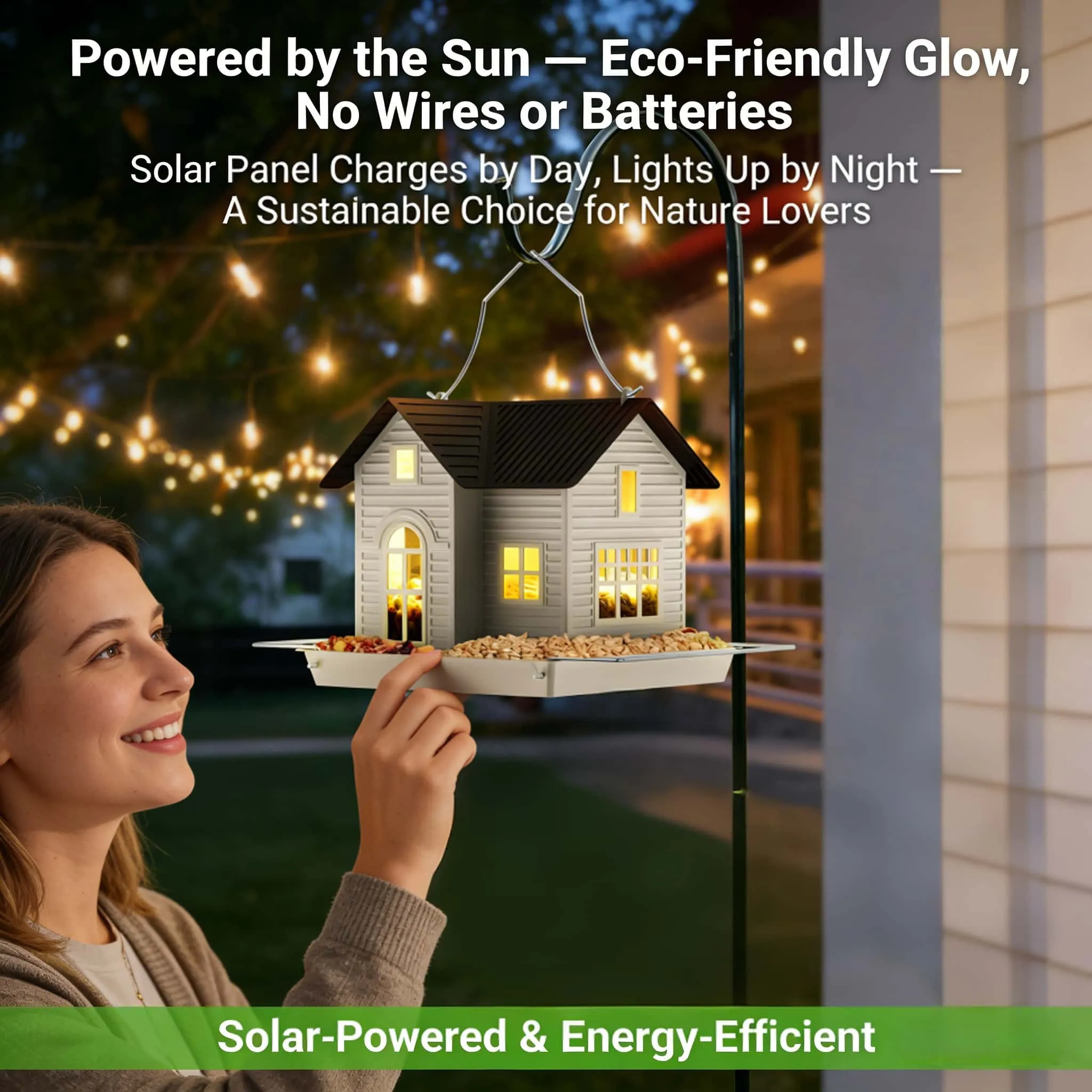 Solar-powered bird feeder lighting feature