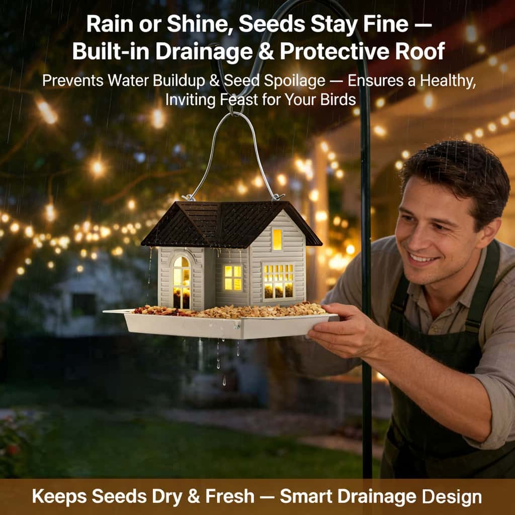 House-shaped bird feeder with seed hopper and drainage holes