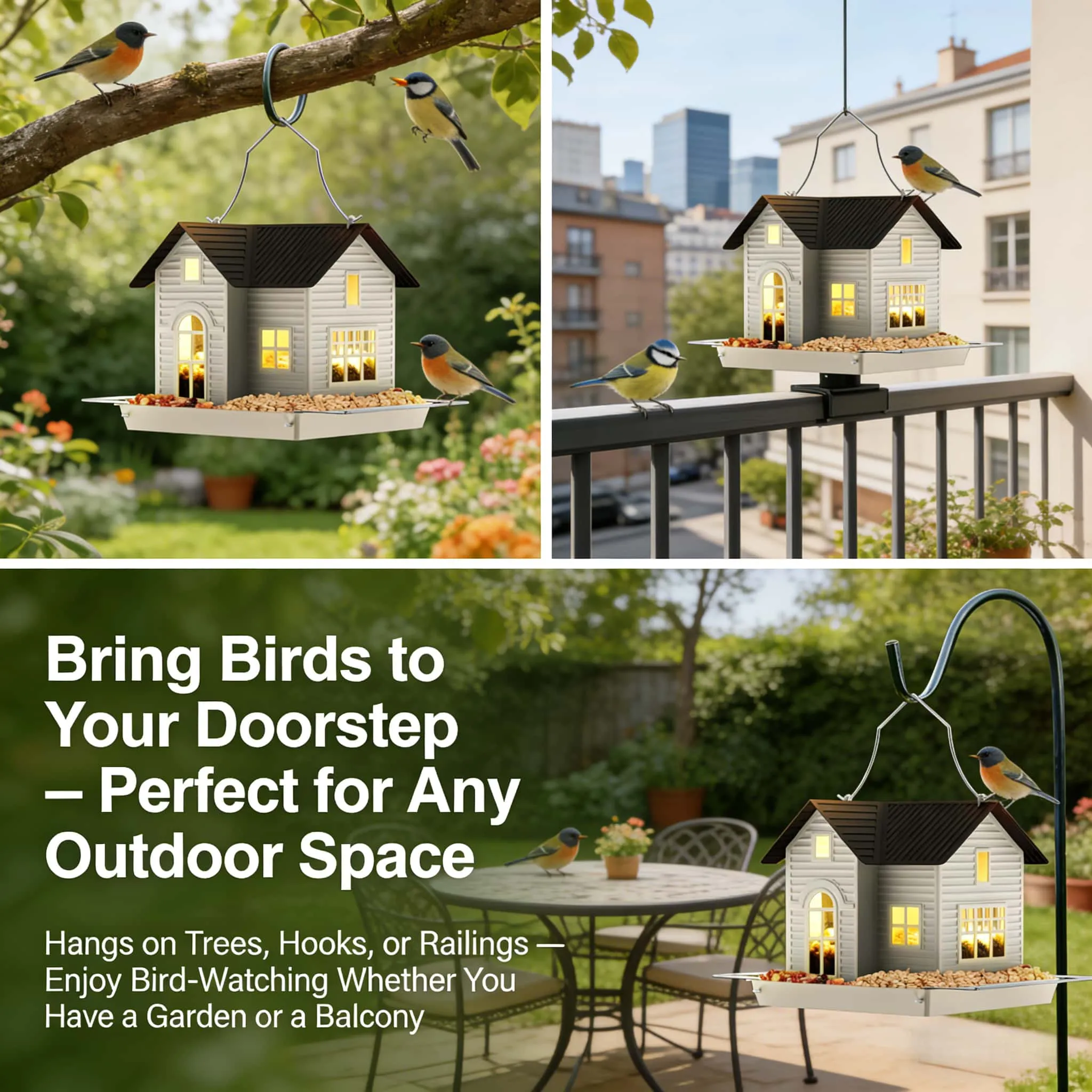 Hanging bird feeder in an outdoor garden setting