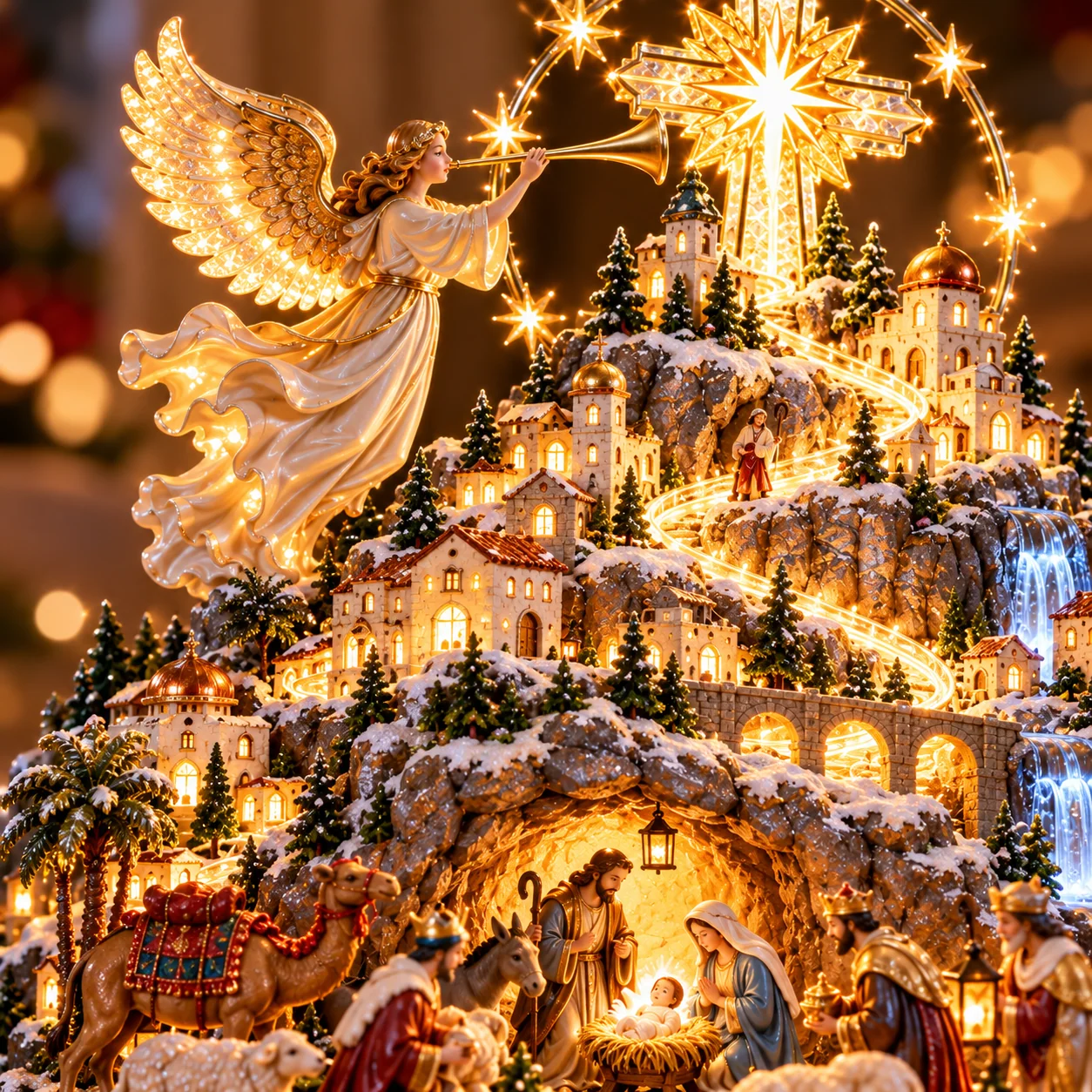 Detailed Nativity angel Bethlehem and cross