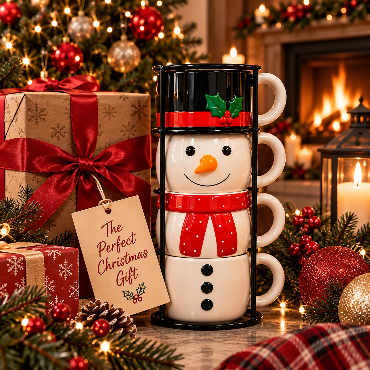 Four Christmas mugs stacked into a snowman in a display stand beside a wrapped gift