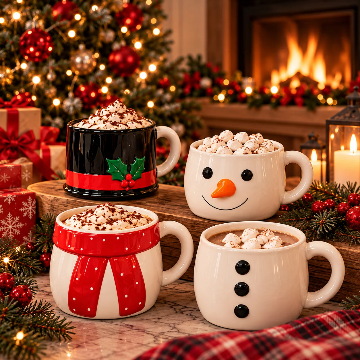 Four individual snowman-themed mugs filled with hot chocolate