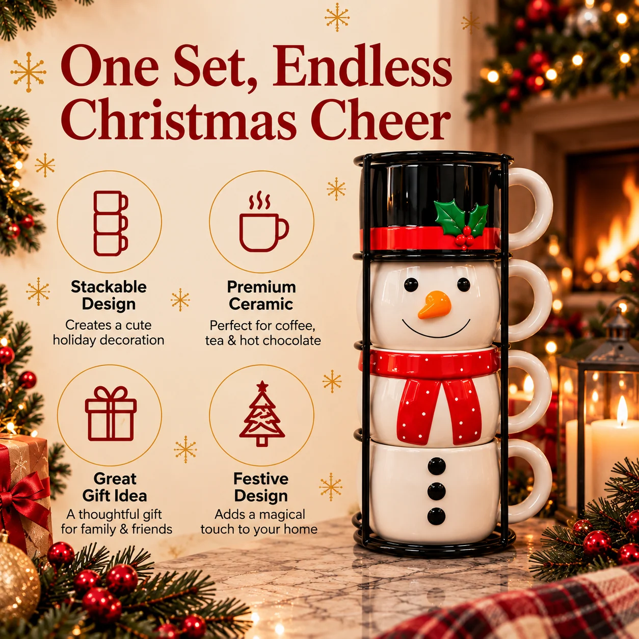 Stackable ceramic Christmas mugs arranged as a snowman with a display stand