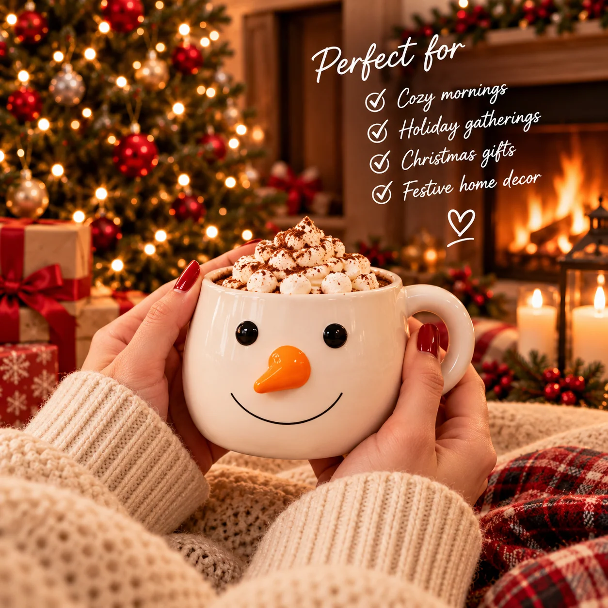A snowman face mug held in two hands during a cozy Christmas evening