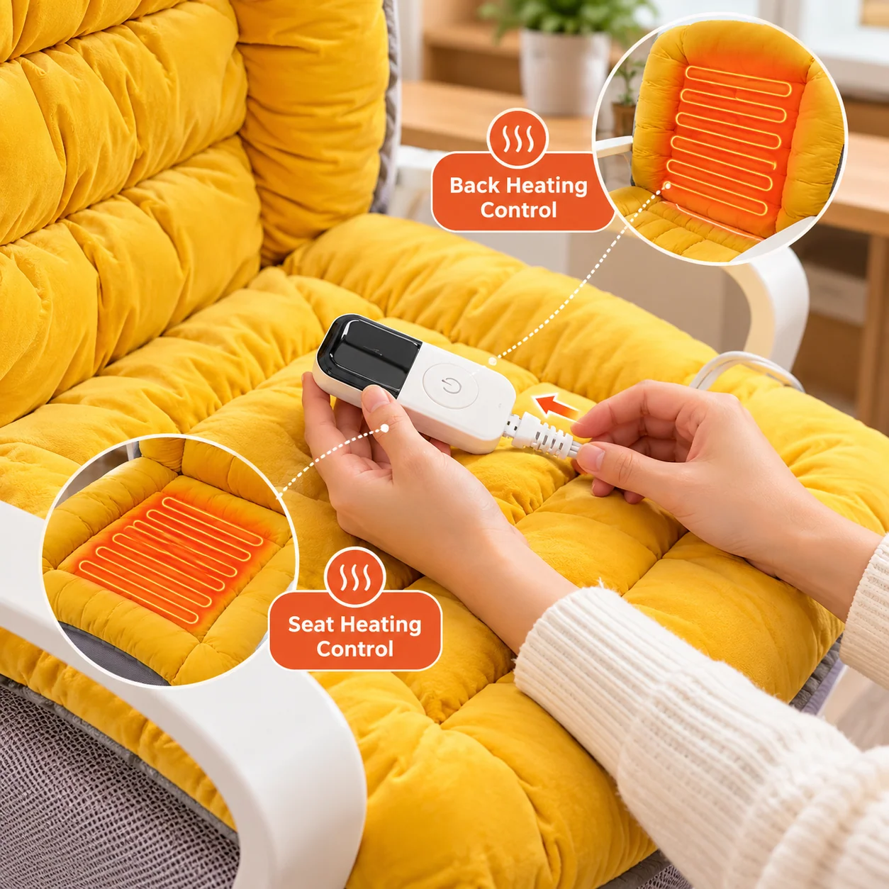 Yellow cushion showing separate heating areas in the seat and back