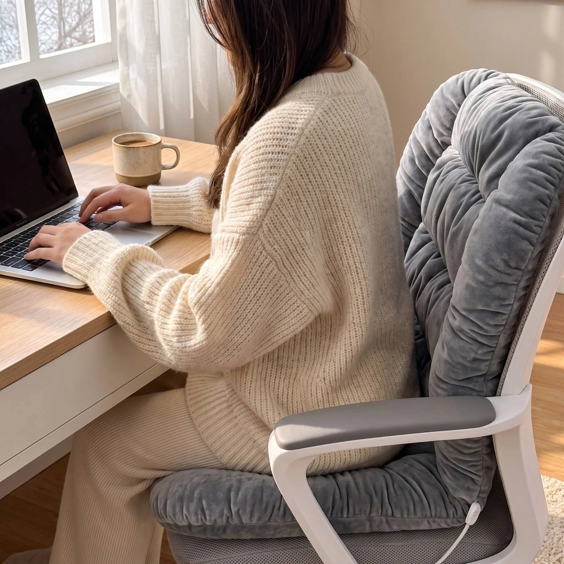 Woman working at a desk while seated on a plush gray seat and back cushion
