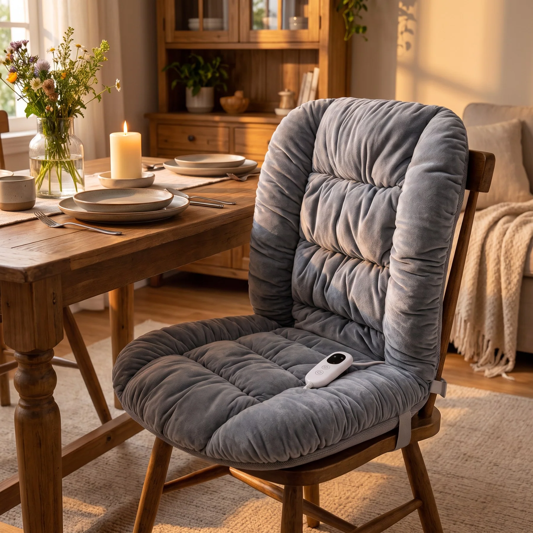 Gray heated cushion on a wooden dining chair in a warm home setting