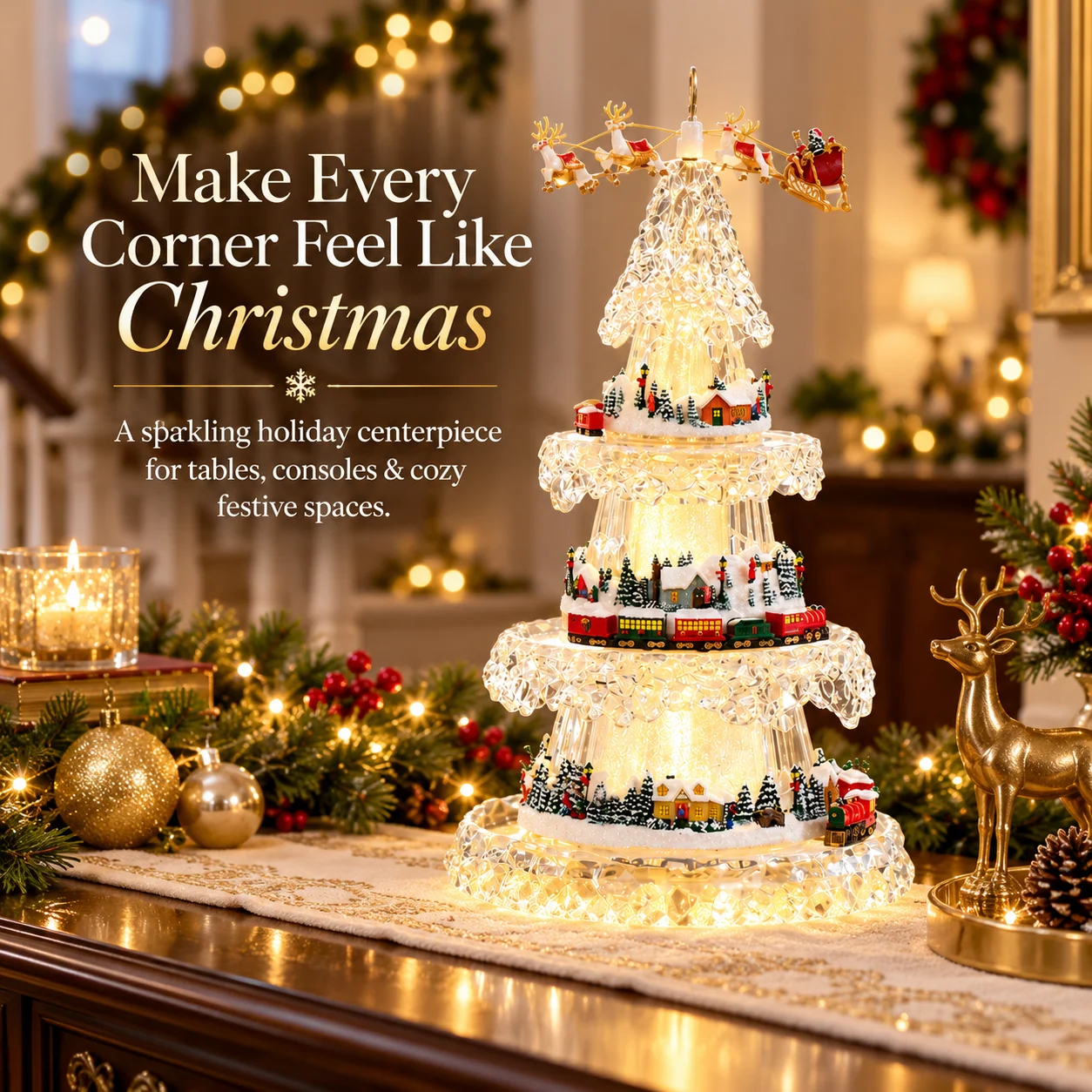 Musical Christmas tree with train displayed on an elegant festive console table