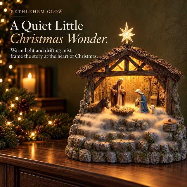 Bethlehem Glow Nativity display illuminated with warm light and flowing mist