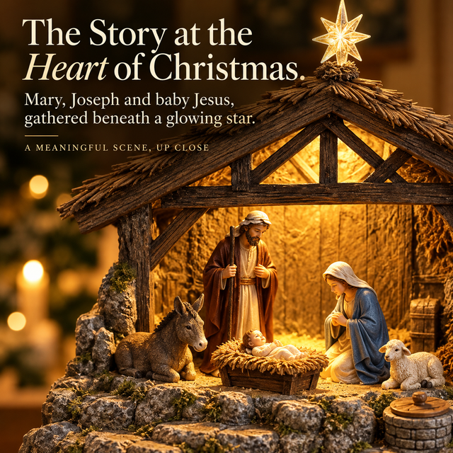 Close view of Mary, Joseph and baby Jesus beneath the glowing Bethlehem star