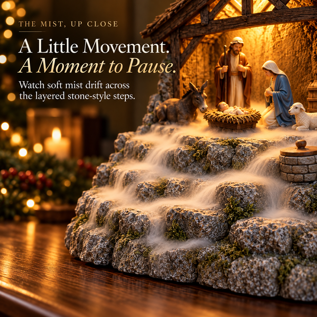 Soft decorative mist flowing over the Nativity's layered stone-look terraces