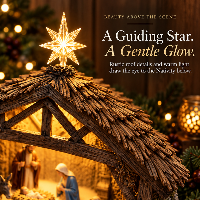 Illuminated Bethlehem star above the Nativity's rustic roof details