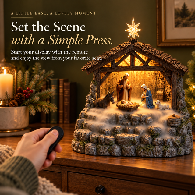 Hand using the remote control to start the illuminated Nativity mist display