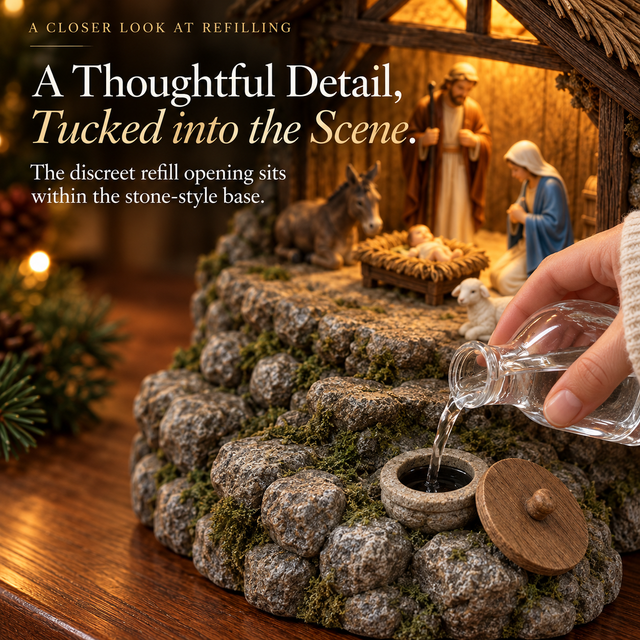 Clean water being poured into the concealed refill opening in the Nativity base