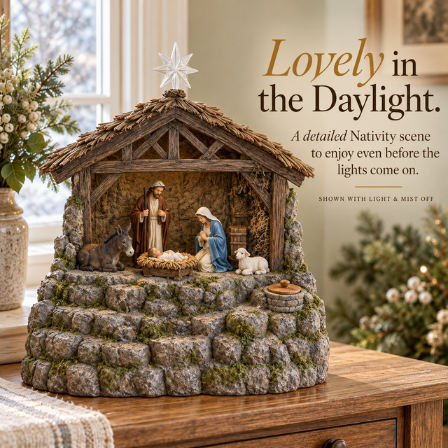 Bethlehem Nativity centerpiece displayed by a window with light and mist switched off