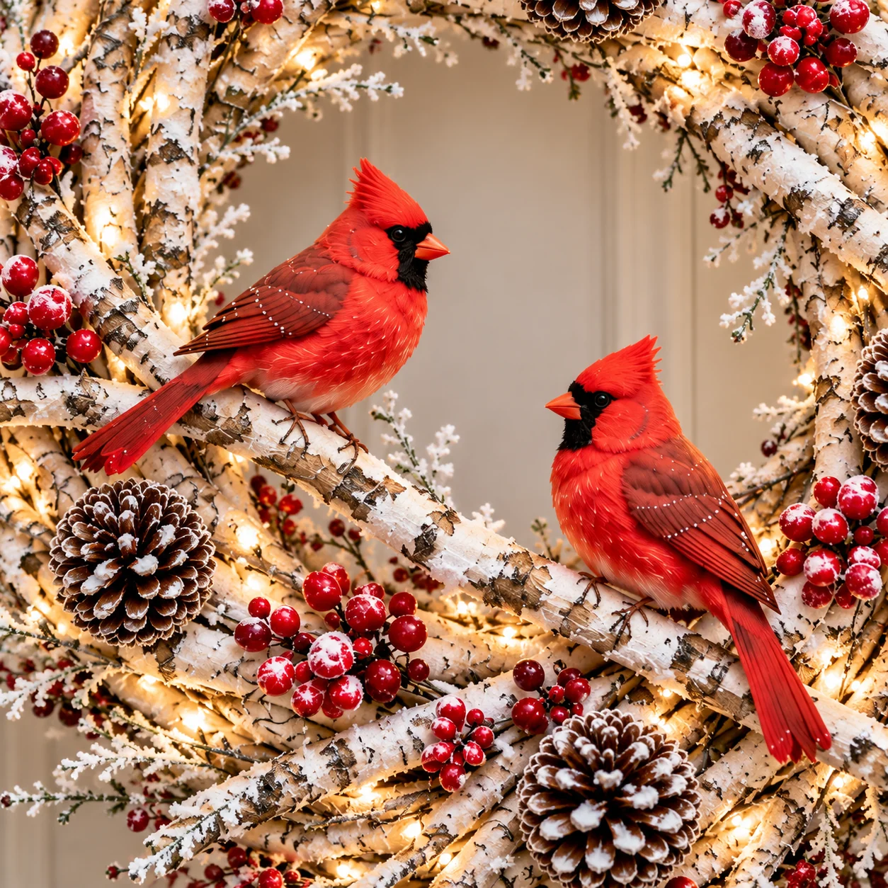 Close view of paired red cardinal figures on snowy birch-style branches