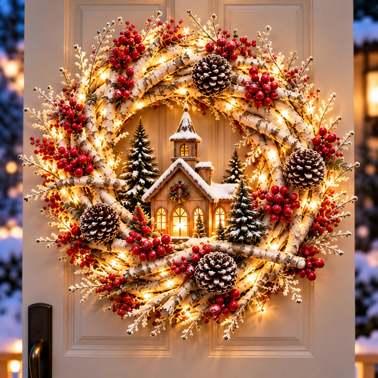 Snowman Christmas wreath with a red scarf, miniature birdhouse, lantern and snowy branches
