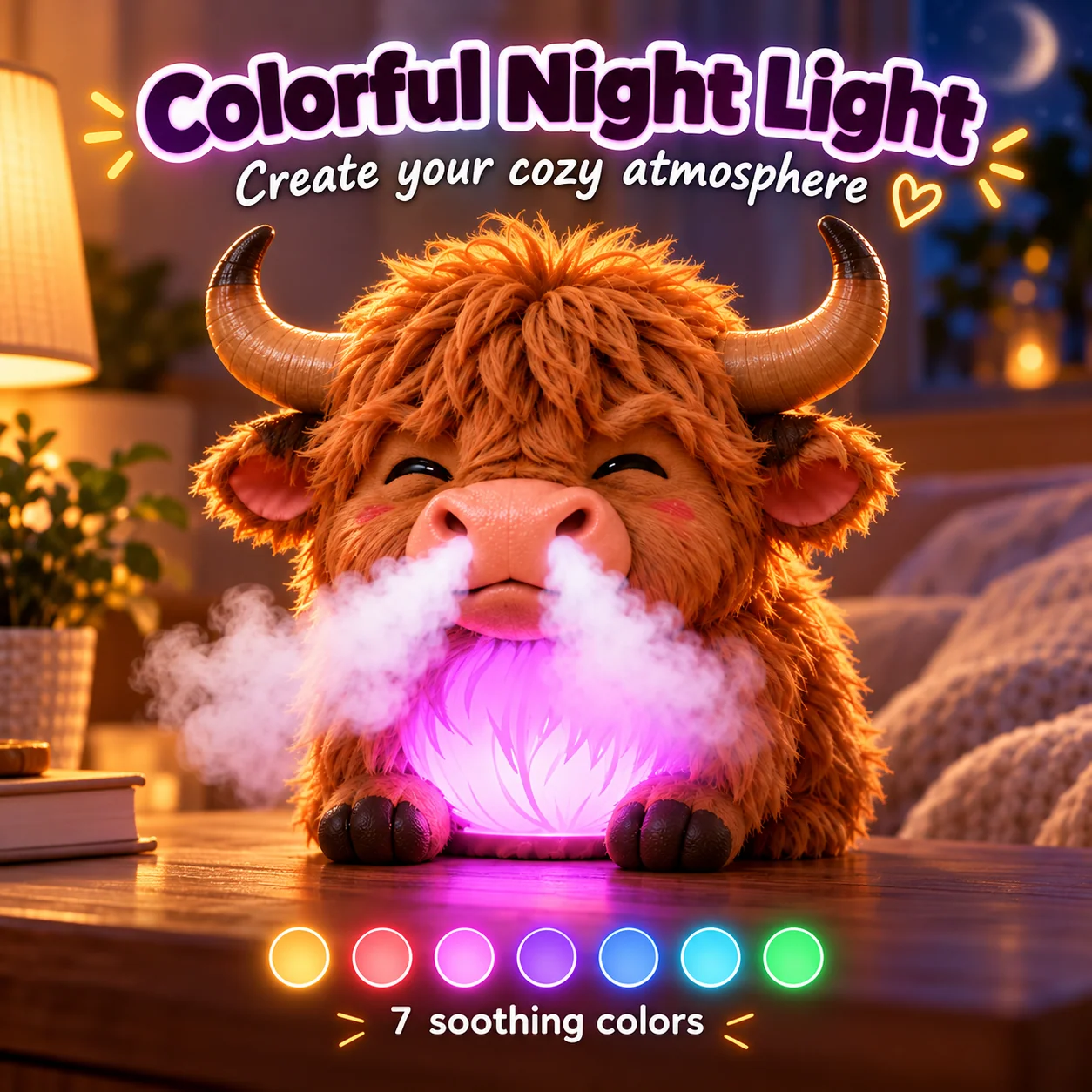 Highland Cow Huff colorful night light modes