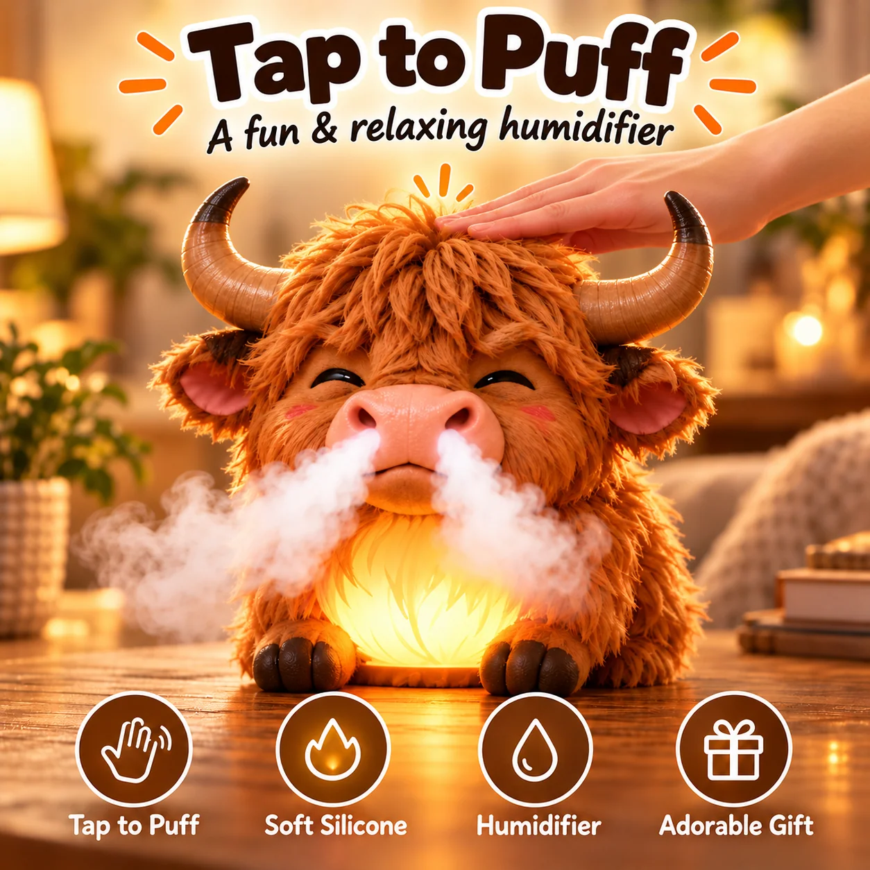 Tap Highland Cow humidifier to activate mist