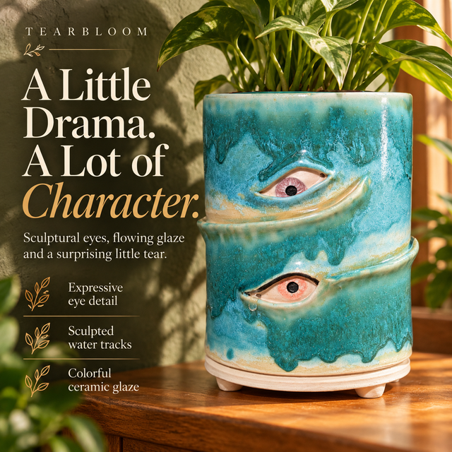 Teal TearBloom eye planter with sculpted details and flowing ceramic color