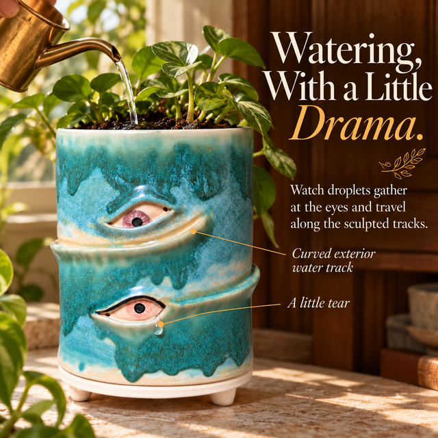 A hand watering the teal ceramic eye planter as droplets follow its sculpted tracks