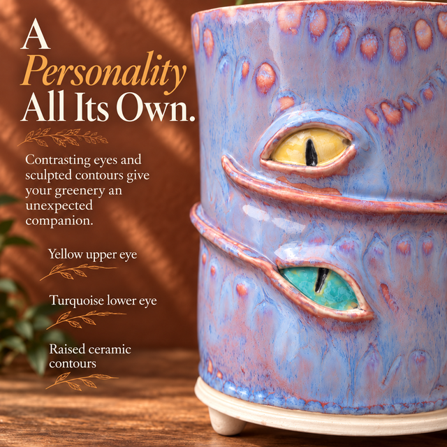 Close view of contrasting eyes and raised contours on the lavender ceramic planter