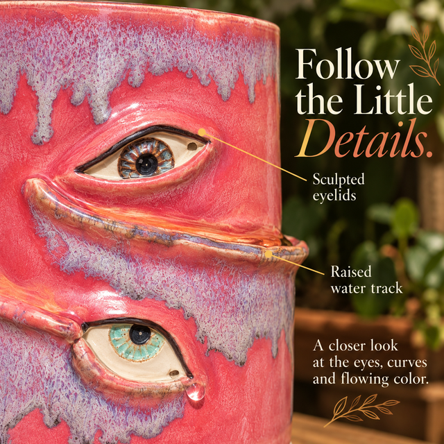 Coral pink ceramic planter with sculpted eyelids and raised water tracks