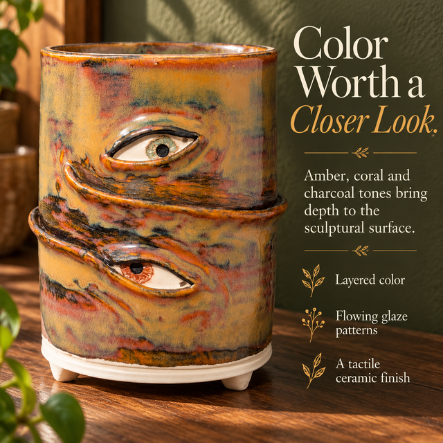 Amber ceramic eye planter showing layered color and flowing surface patterns