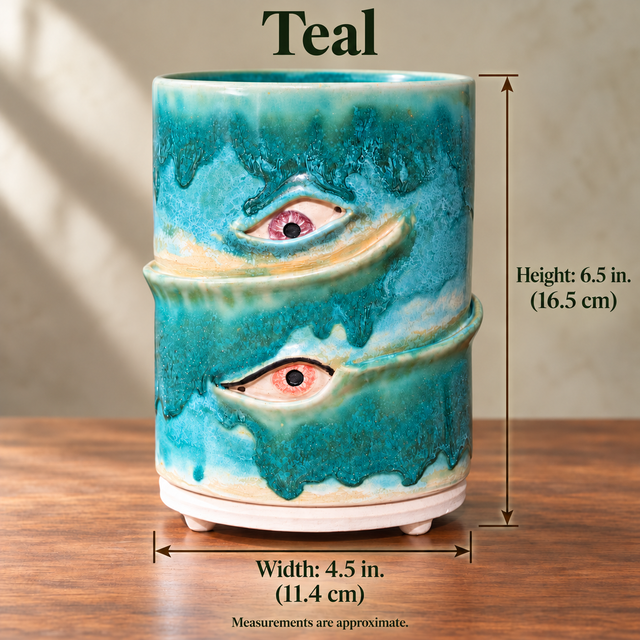 Teal planter size guide showing approximately 6.5 inch height and 4.5 inch width