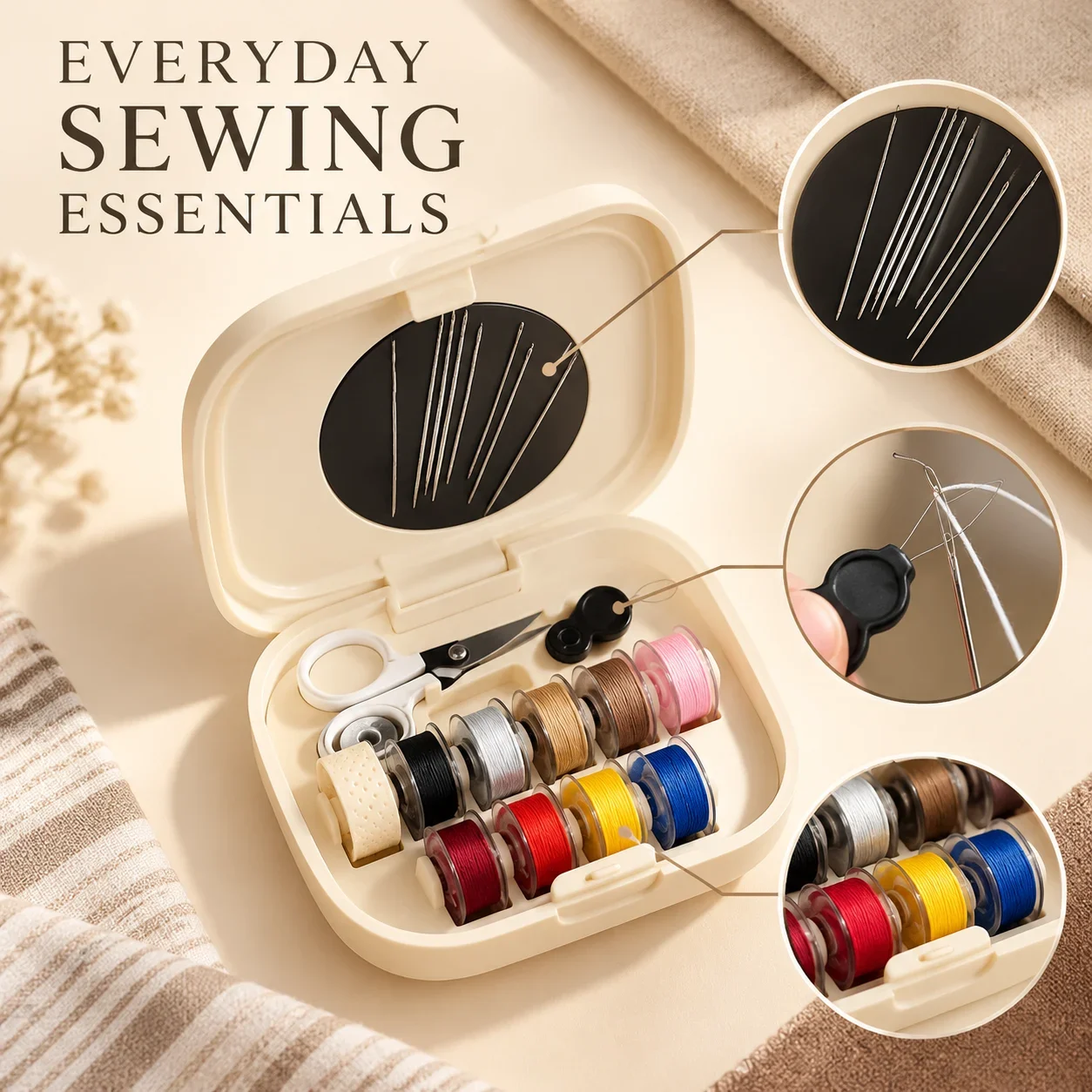 Compact sewing repair kit detail view