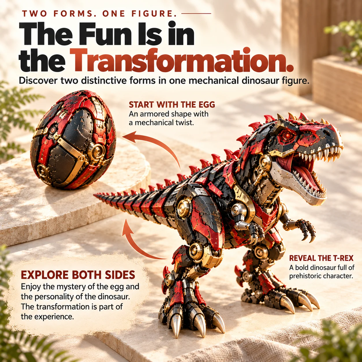 Mechanical dinosaur transforming from egg to T-Rex