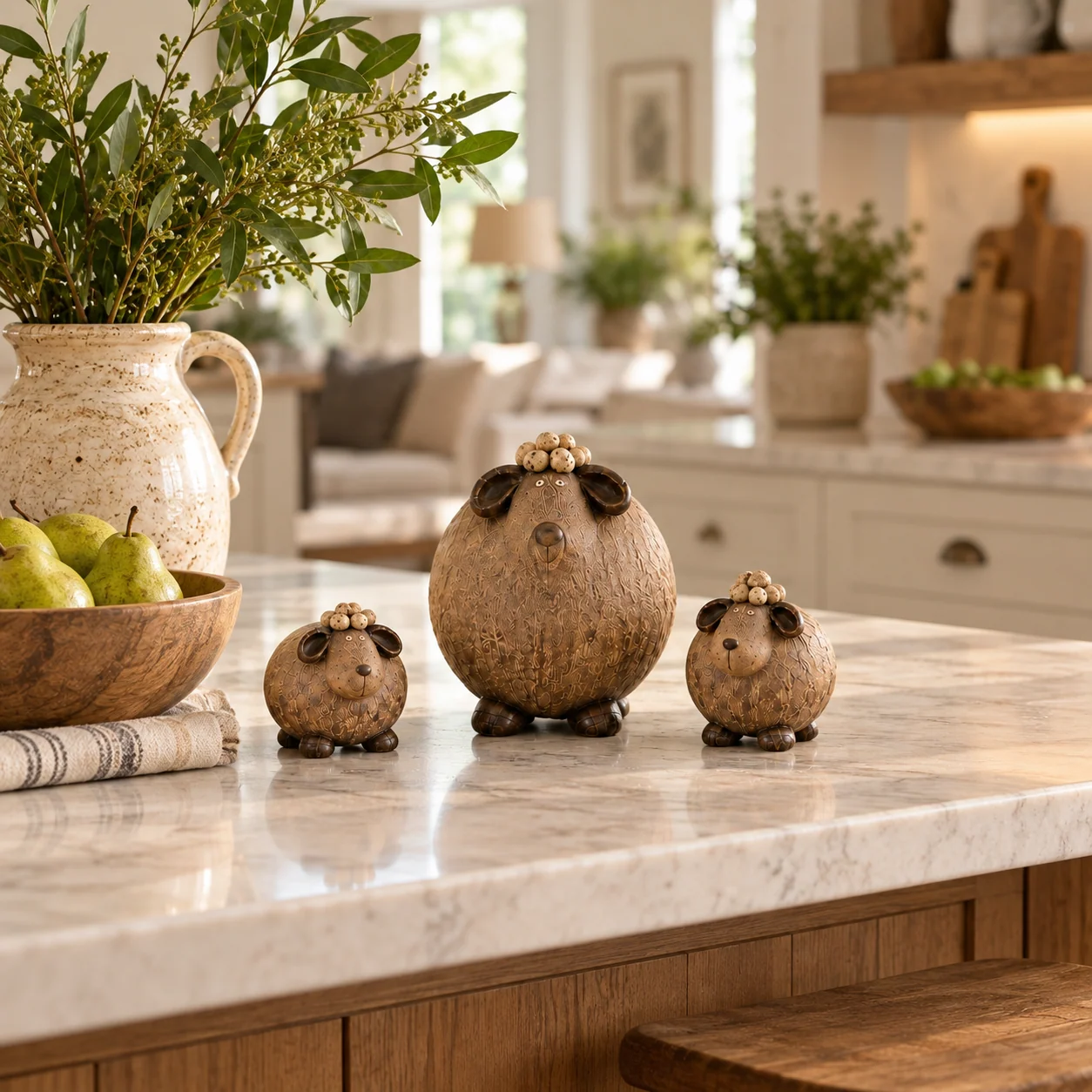 Details of round sheep figurines on a farmhouse console